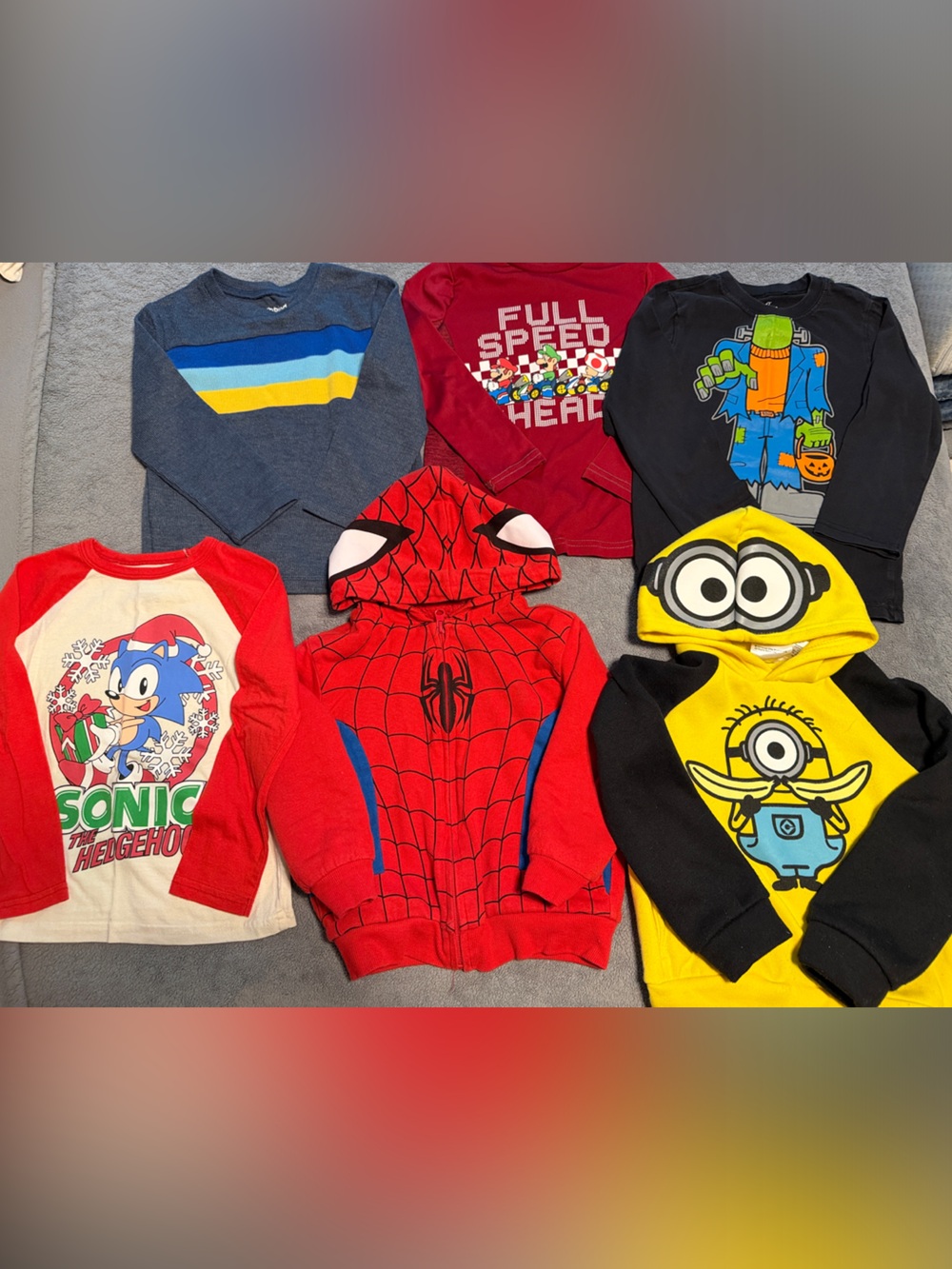 Bundle of 6 Size 4T Hoodies and Long Sleeve Tshirts - Sonic, Minions, Spiderman